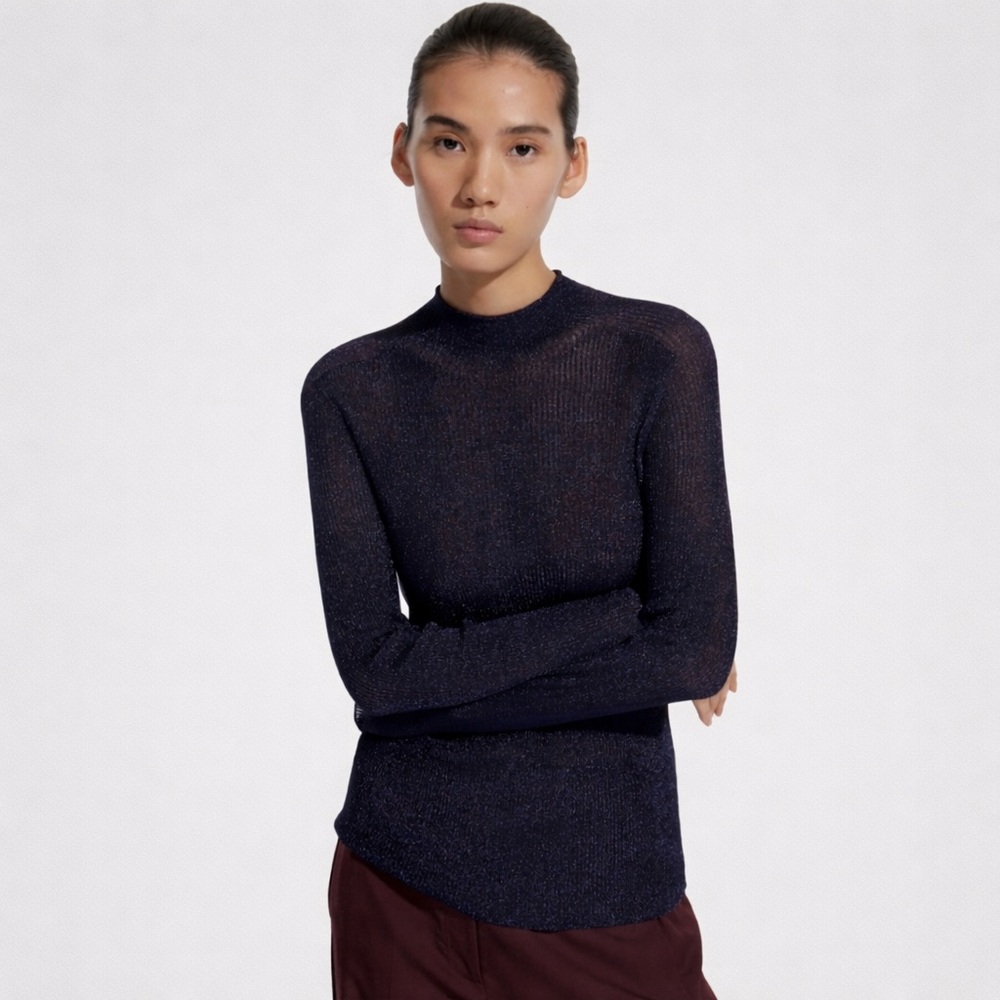 COS Deep Navy Metallic Ribbed High-Neck Knit Top | XS | NWT